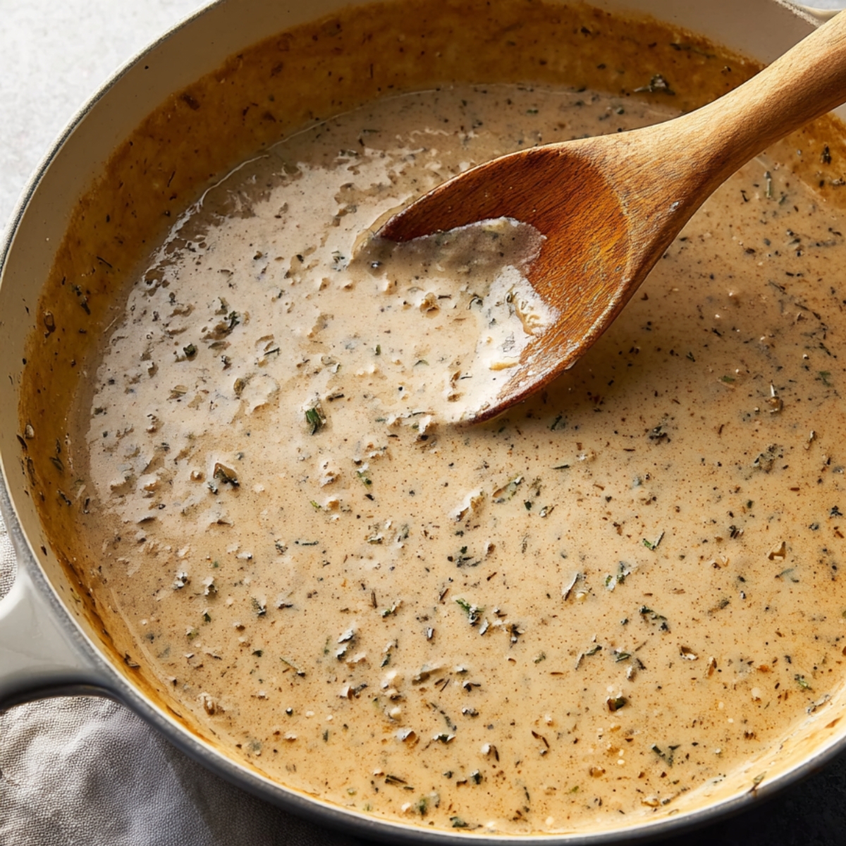 Add the butter to the skillet and let it melt. Sprinkle the reserved 2 tablespoons of seasoned flour over the butter and whisk until a paste forms. Pour in the chicken broth and whisk again until the mixture is smooth and there are no lumps. Stir in the cream. Bring everything to a low simmer and cook, whisking often, until the sauce thickens slightly, about 4 to 5 minutes.