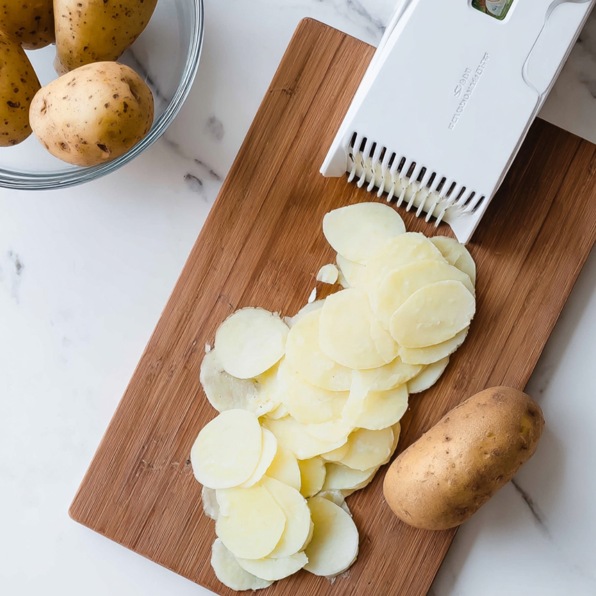 Peel and slice your potatoes. I usually aim for about ⅛-inch thick slices—thin enough to cook through, but not so thin they fall apart. A mandoline makes this super easy, but a sharp knife works just fine too.