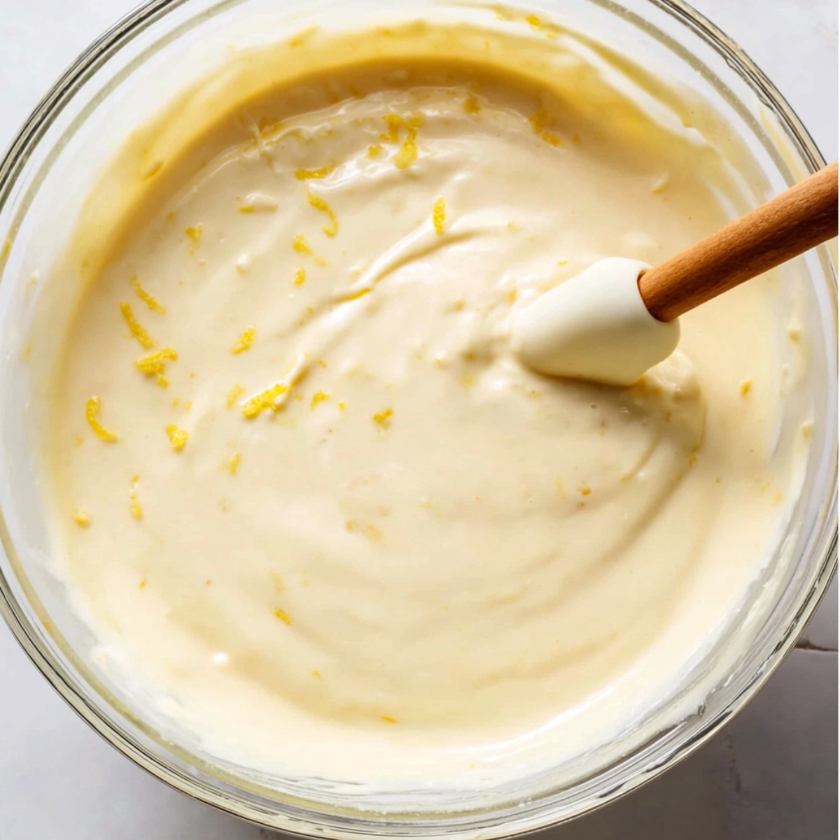 A creamy cheesecake filling in a glass bowl with lemon zest stirred in.