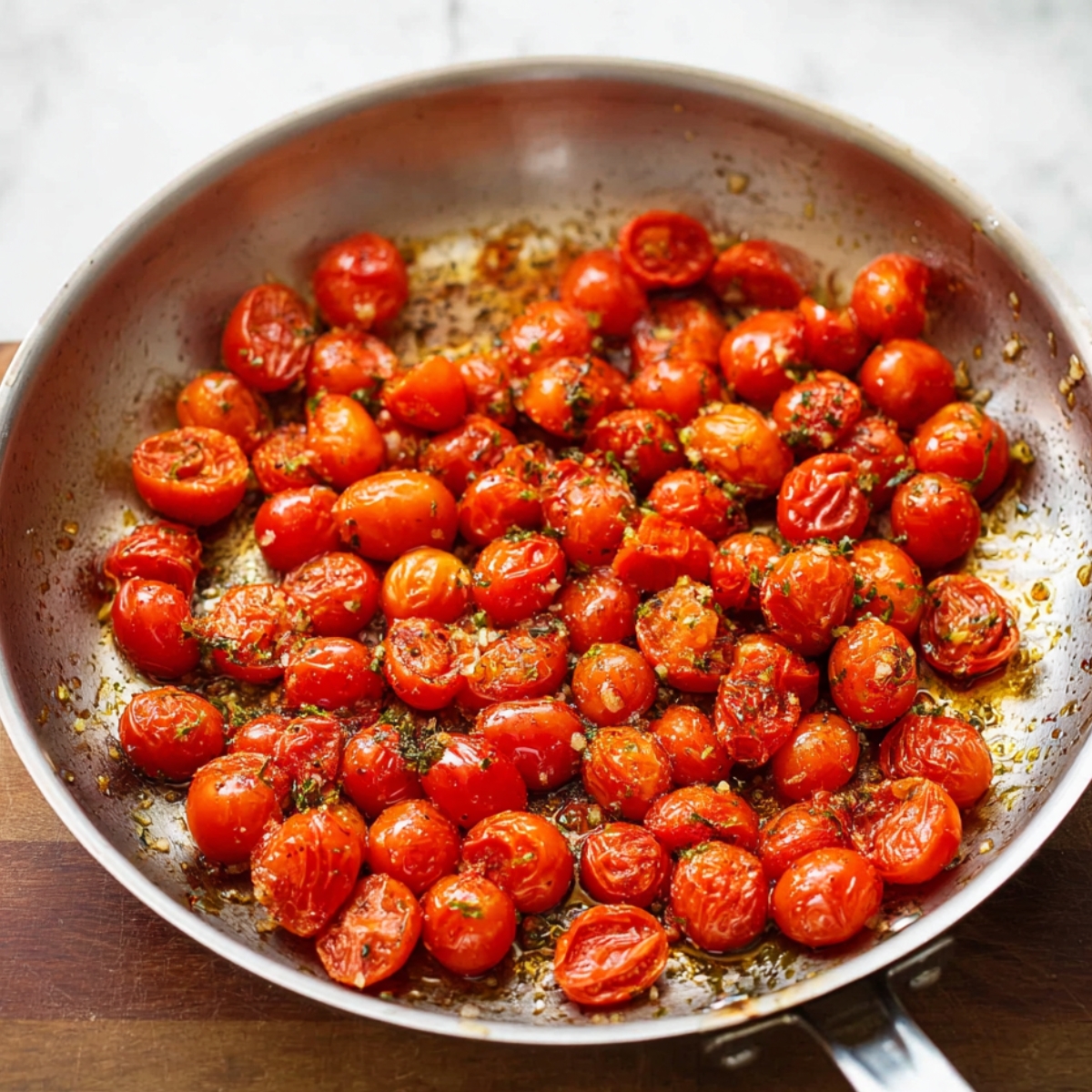 Turn the heat down to medium-low. Add the remaining tablespoon of olive oil to the skillet, along with the minced garlic and halved grape tomatoes. Sauté for about 5 minutes, stirring occasionally, until the tomatoes start to soften and lose their shape. The garlic should smell amazing and turn golden, not brown.