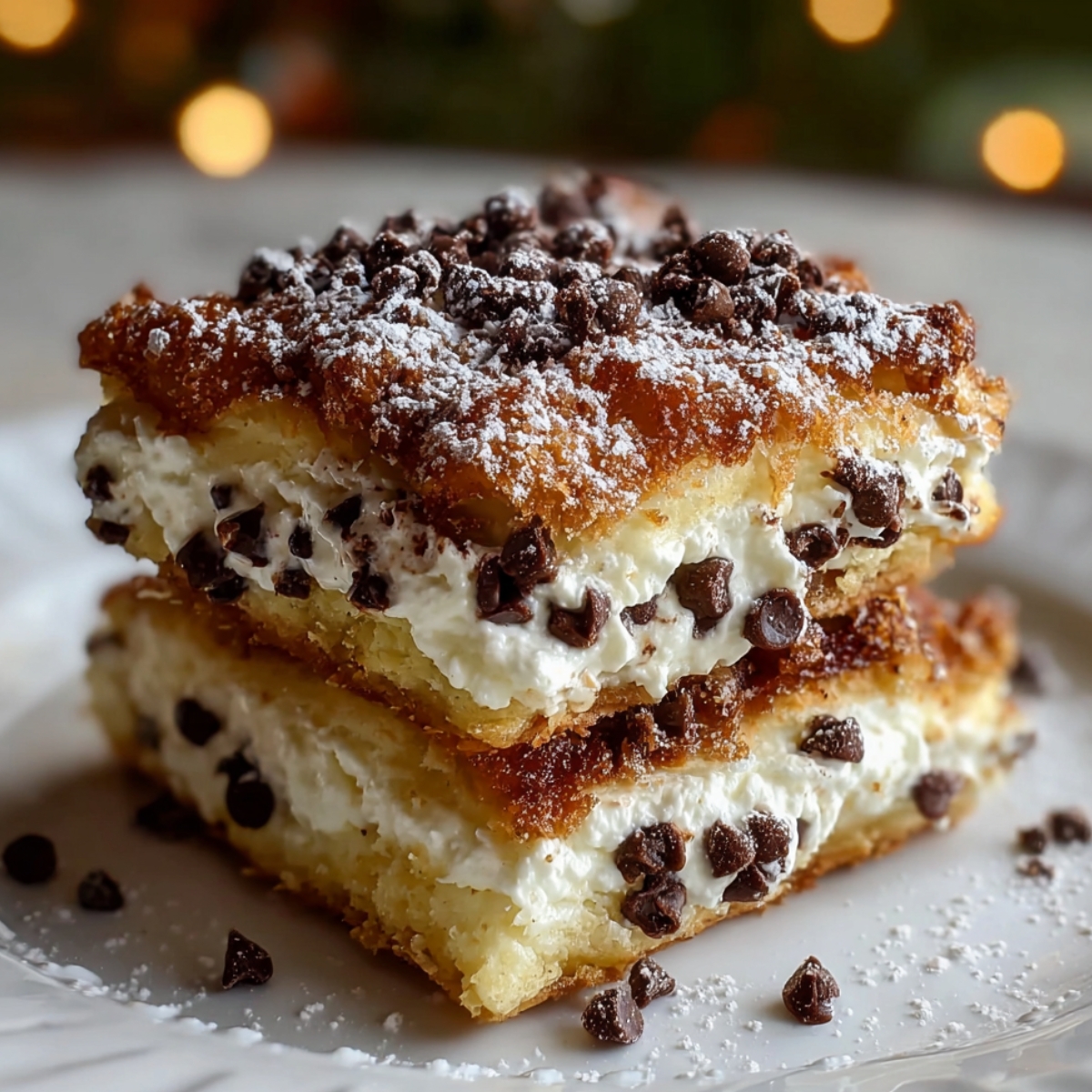 Ricotta Cannoli Squares stacked on a white plate, filled with creamy ricotta and mini chocolate chips, dusted generously with powdered sugar.