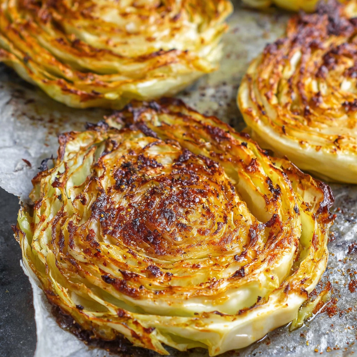 Roasted Cabbage Steaks Recipe with a crispy, caramelized texture. They are cut into thick slices and seasoned, giving them a beautiful golden-brown color.