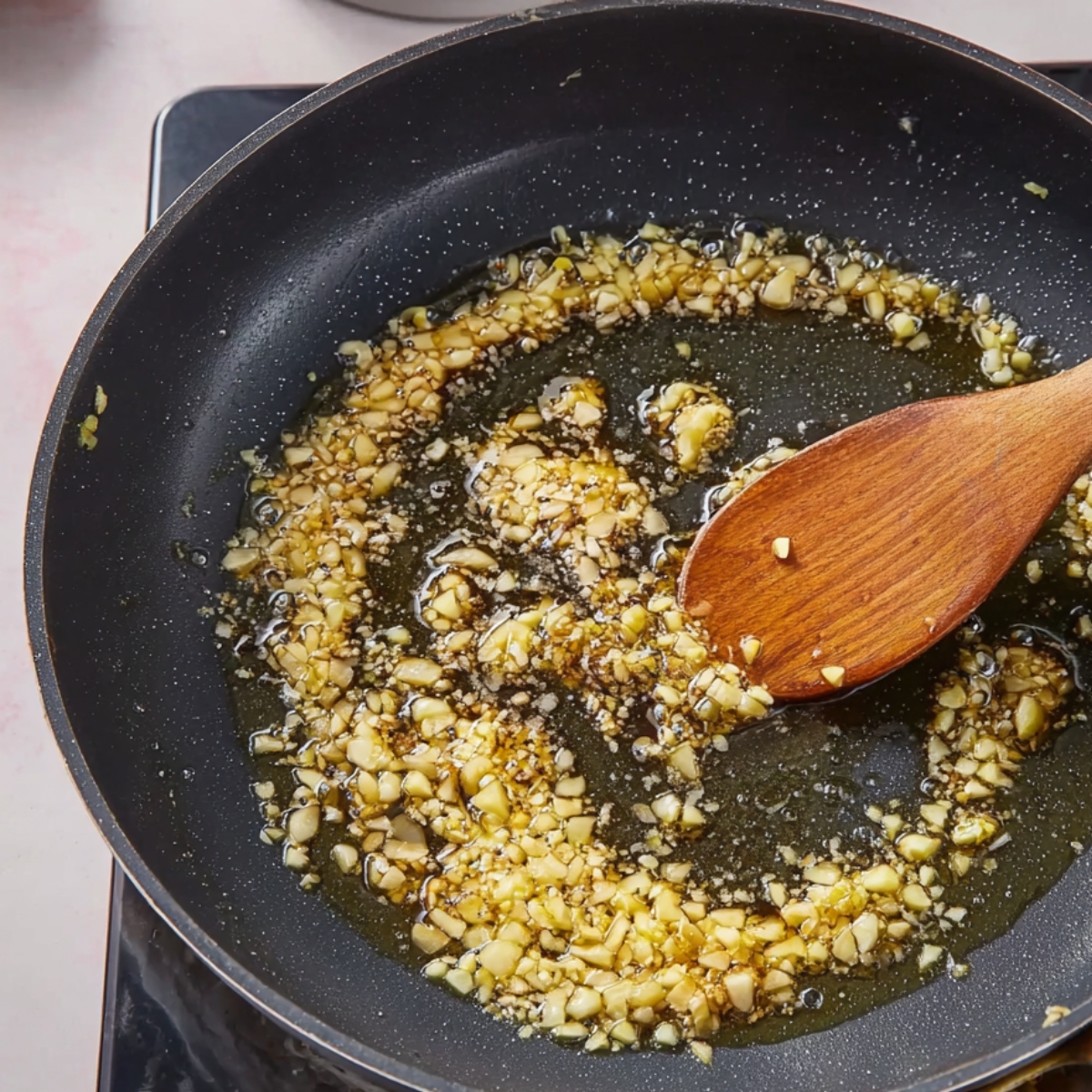 While the pasta cooks, melt the butter in a large skillet over medium-low heat. Toss in the minced garlic and diced shallot, and let them sizzle gently for about 2 minutes. You'll know they're ready when your kitchen smells amazing and they've turned lightly golden.