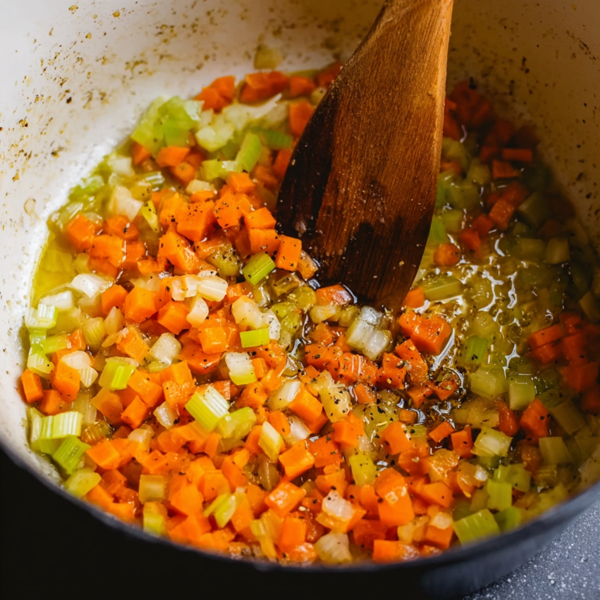Heat the olive oil in a large Dutch oven over medium-high heat. Toss in the carrots, celery, onion, and garlic. Stir them around and let them cook for about 14 to 16 minutes. You'll know they're ready when they soften up and smell amazing.