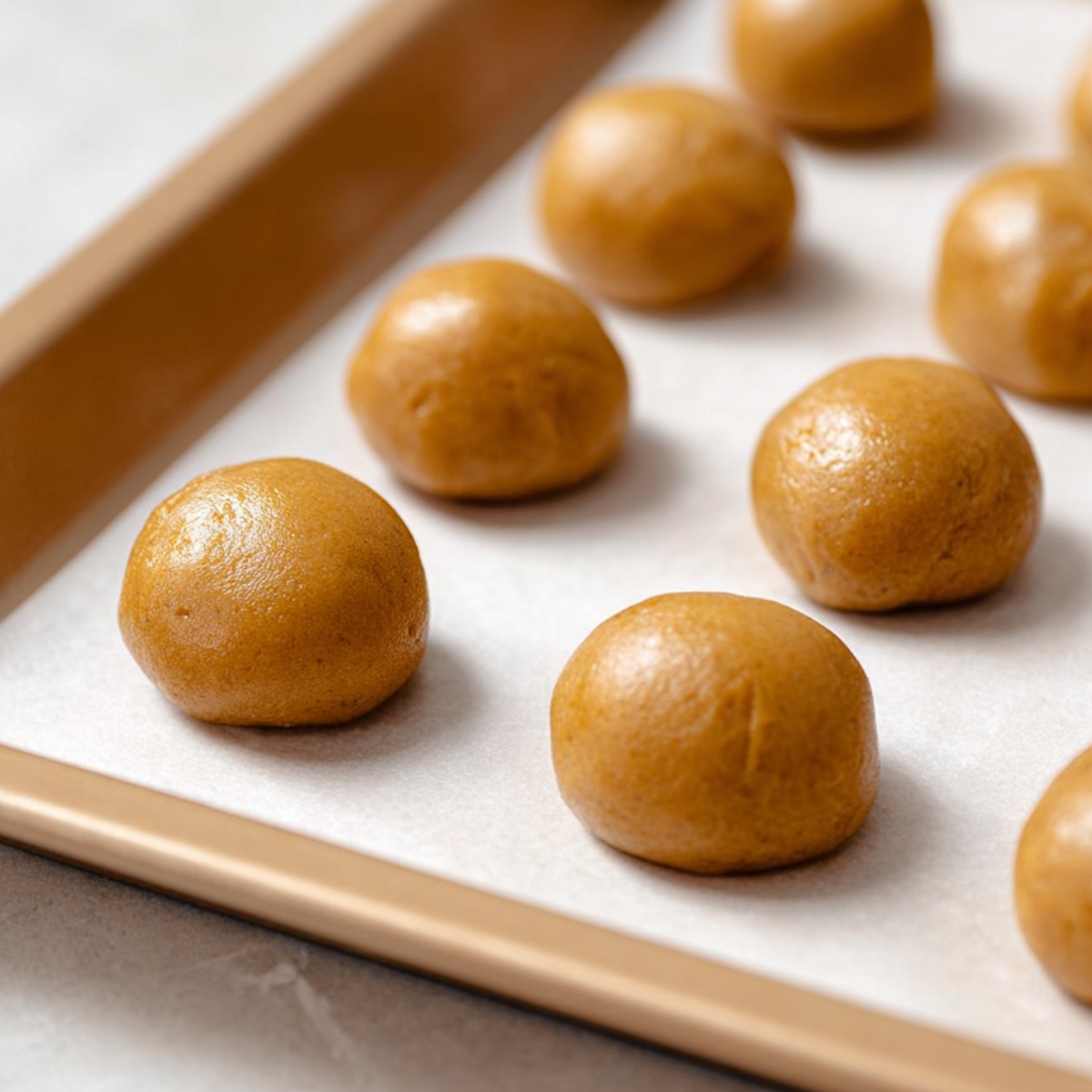 Use a 2 tablespoon cookie scoop to portion out 11 cookies, rolling each one into a smooth ball. Place them on a tray lined with baking paper and refrigerate for 1 hour. This chilling time helps the cookies hold their shape and develops the flavor.