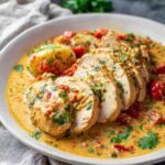 Spicy Brazilian Coconut Chicken in creamy coconut sauce with tomatoes, garnished with fresh cilantro, served with rice.