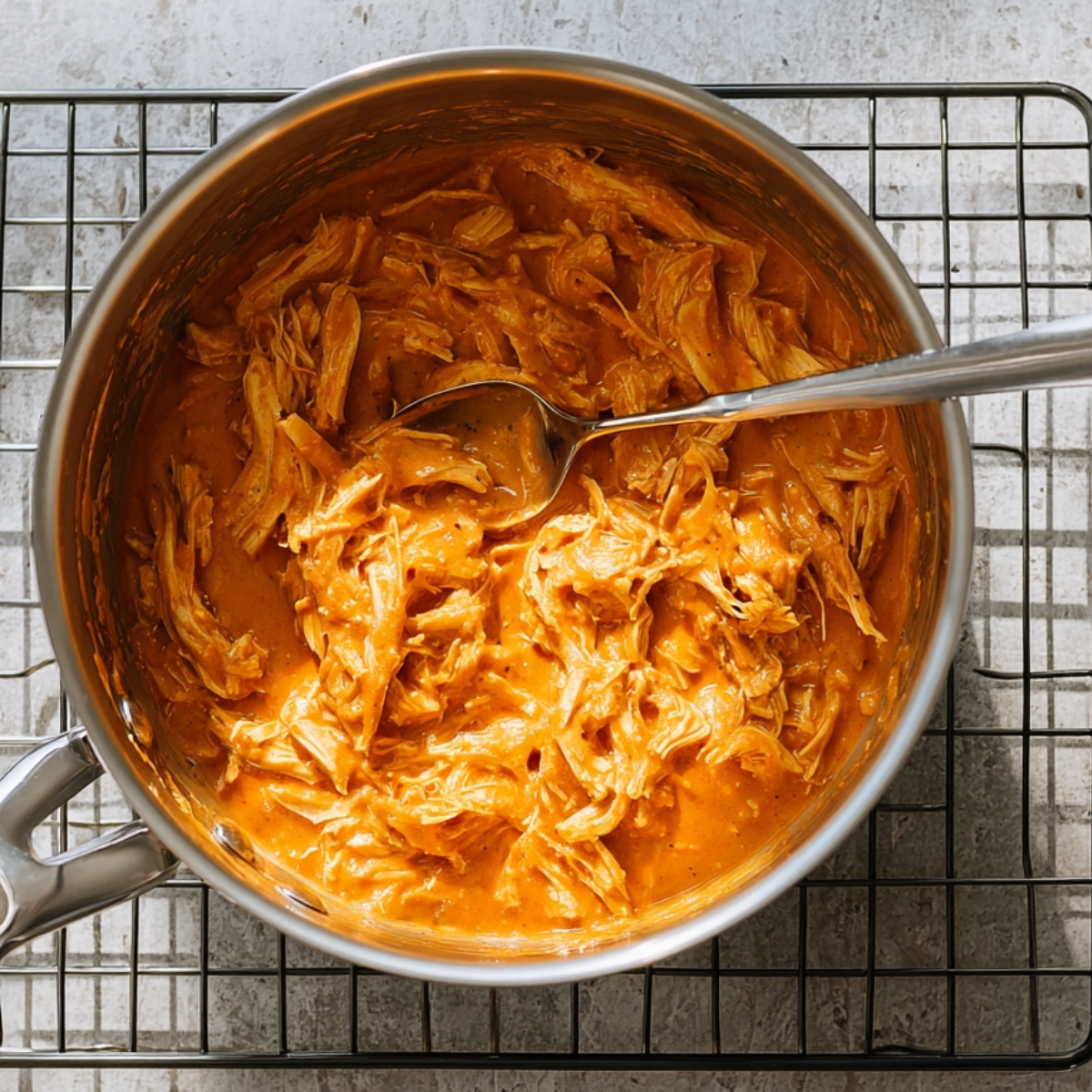 Top-down view of a saucepan filled with shredded chicken fully mixed into a rich, creamy buffalo sauce, with a spoon resting in the pan on a wire cooling rack.