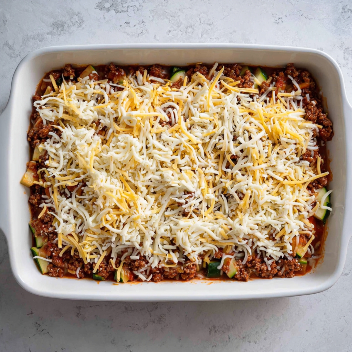 A baking dish filled with layers of zucchini, seasoned ground beef, and a generous topping of shredded mozzarella and cheddar cheeses. The casserole is ready to be baked, with the cheese evenly spread over the top.