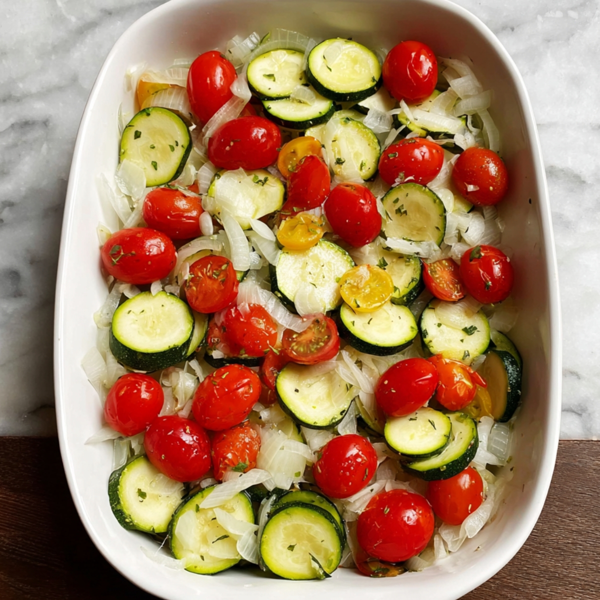 A close-up of freshly arranged zucchini, grape tomatoes, and onions in a baking dish, ready to be cooked for a healthy casserole.