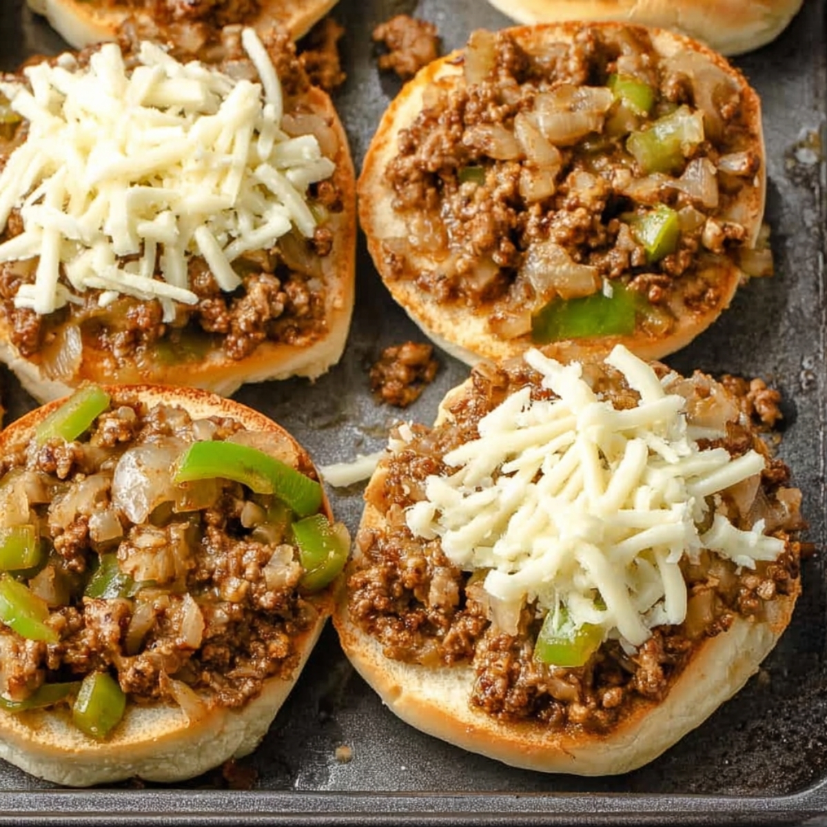 Sandwich buns topped with seasoned ground beef, sautéed onions, and green bell peppers, with shredded cheese.