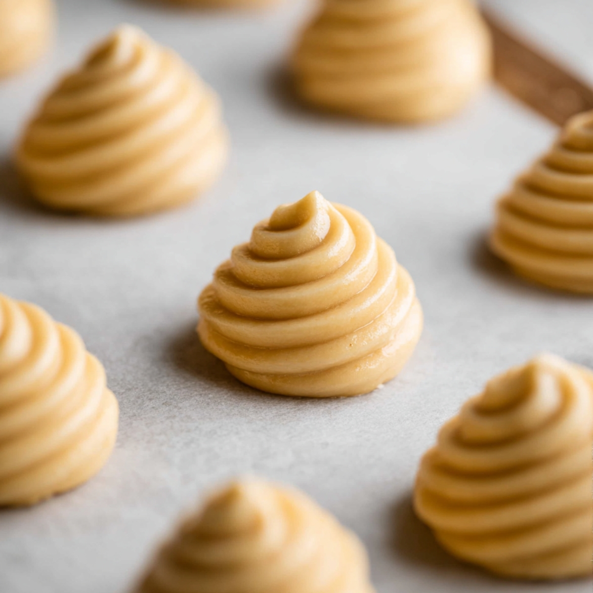 Raw choux pastry puffs piped into small rounds on a parchment paper, waiting to be baked.