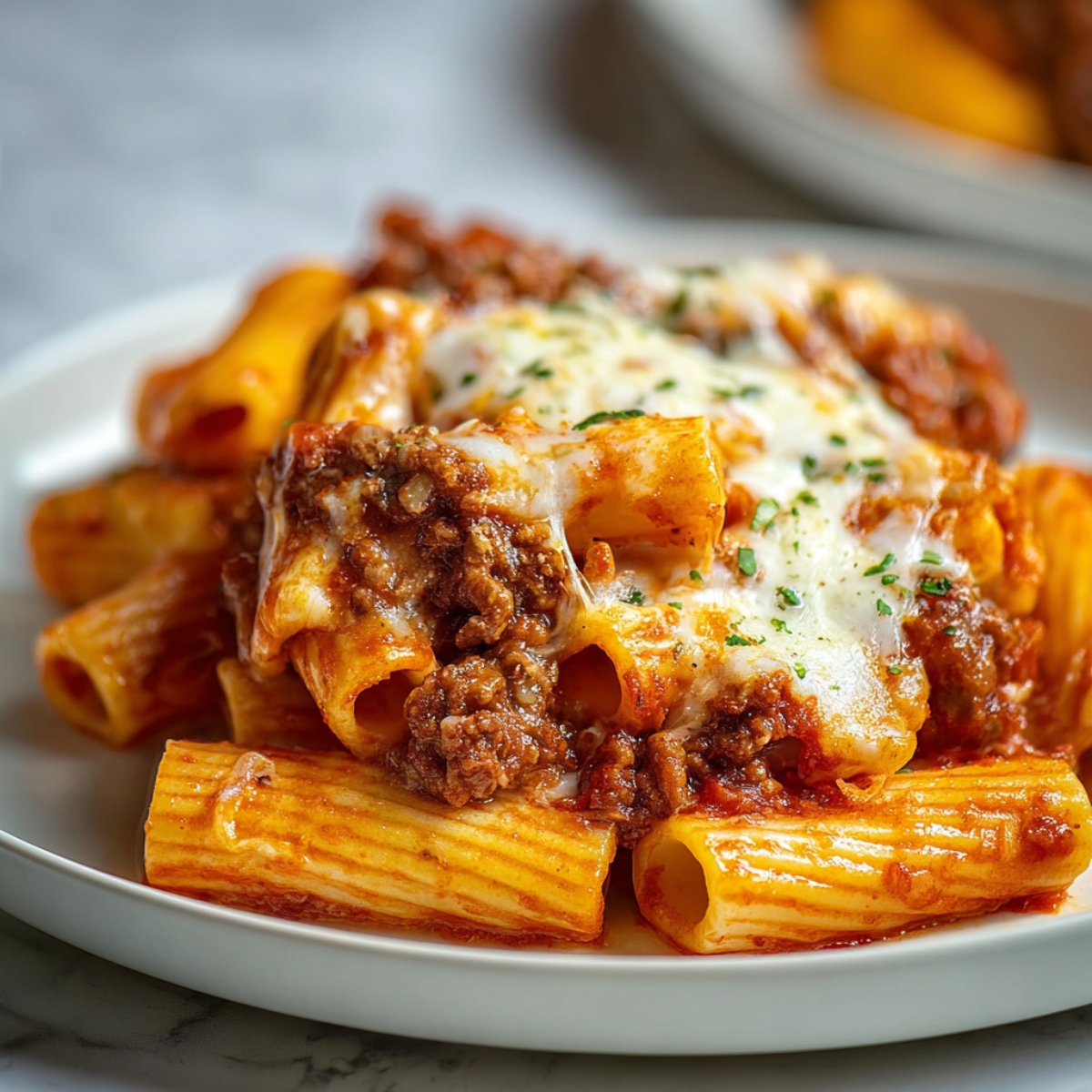 Slice of Baked Ziti with Ground Beef, marinara sauce, and melted mozzarella cheese served on a white plate