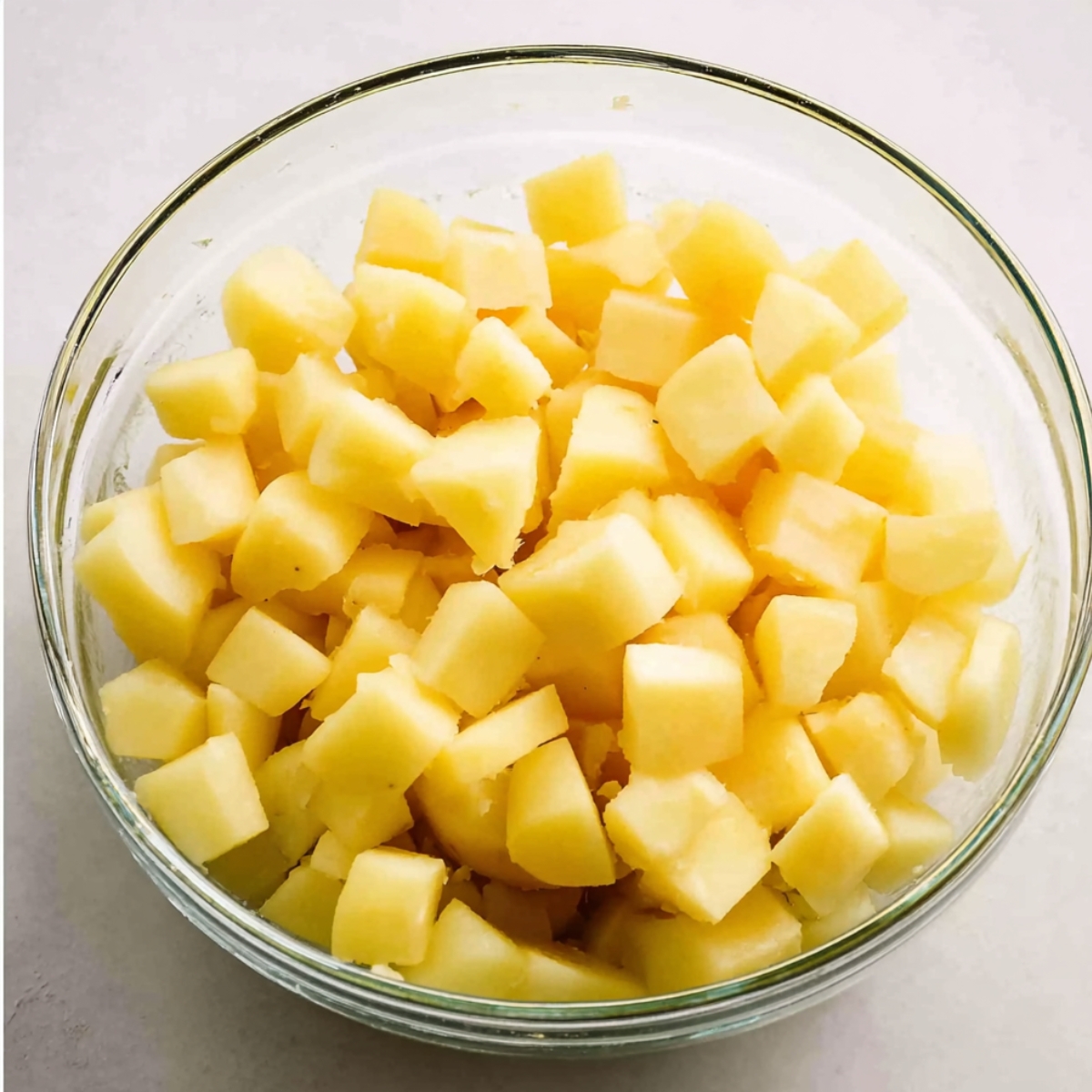 A close-up view of diced boiled potatoes, perfectly cut into small cubes, ready for potato salad preparation.