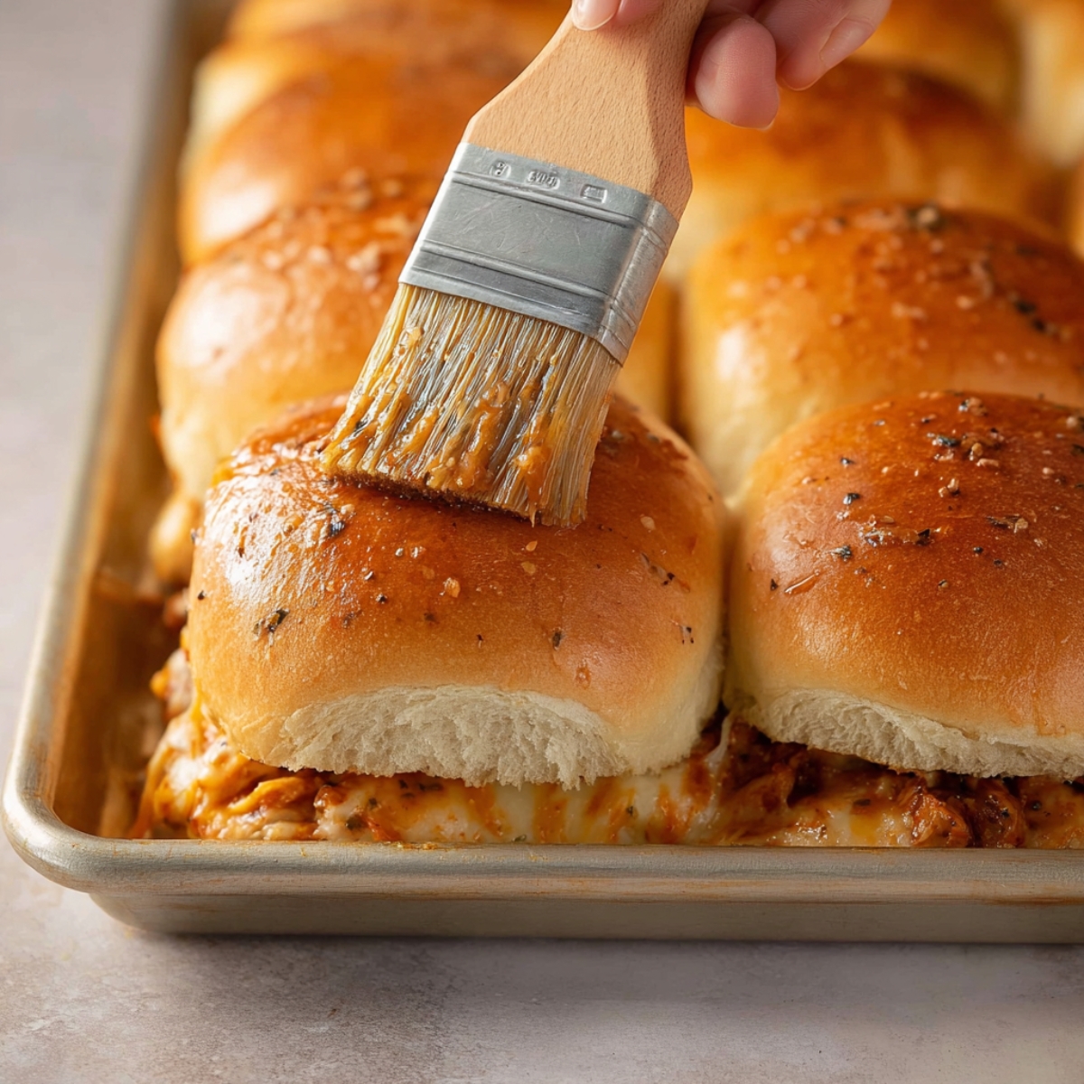 A pastry brush applying butter to the top of slider buns.