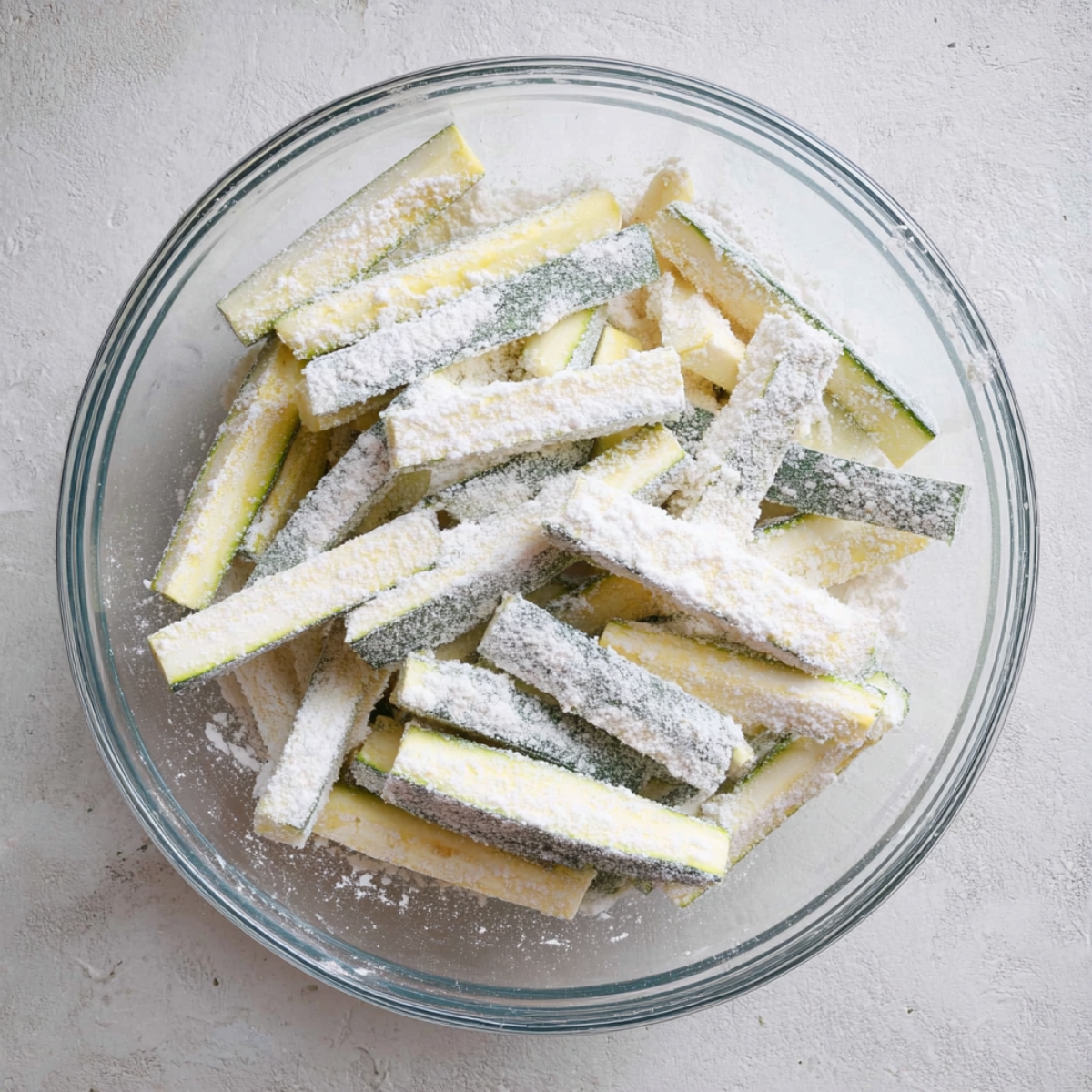 Zucchini strips coated in flour before baking to create a crispy texture.