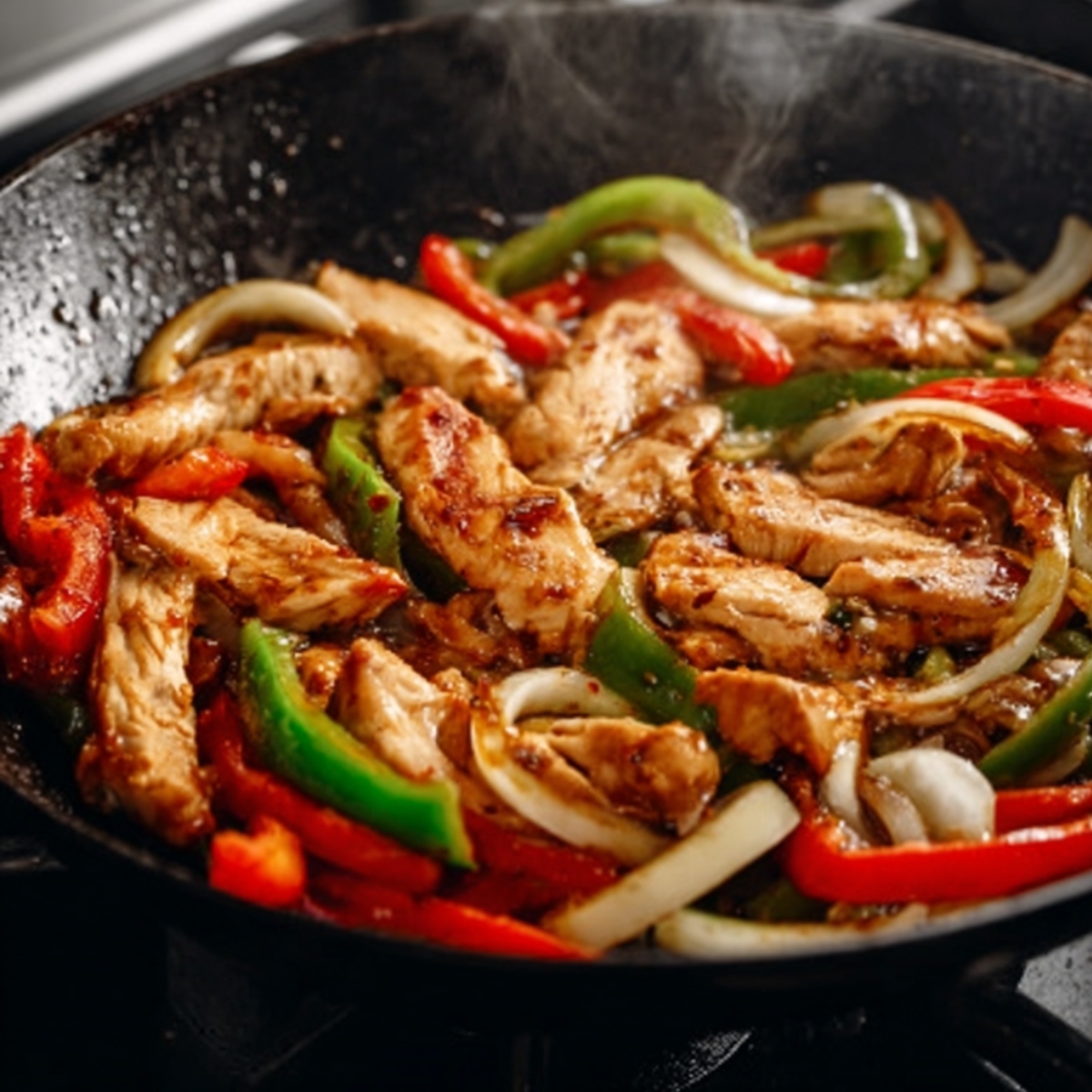Chicken breast slices searing in a hot skillet with oil, golden and juicy
