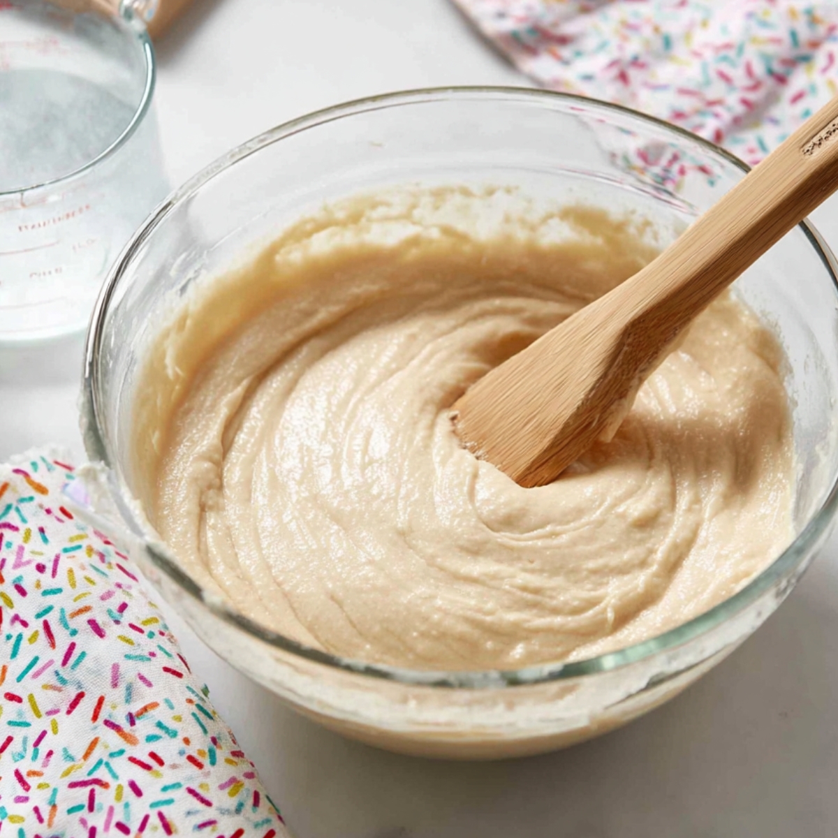 A smooth and creamy vanilla cake batter being stirred with a wooden spoon in a glass mixing bowl.