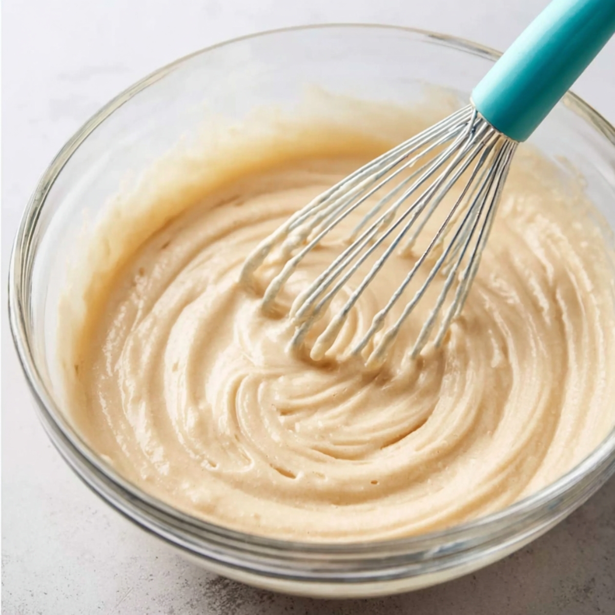 Vanilla cupcake batter being whisked in a glass mixing bowl until smooth