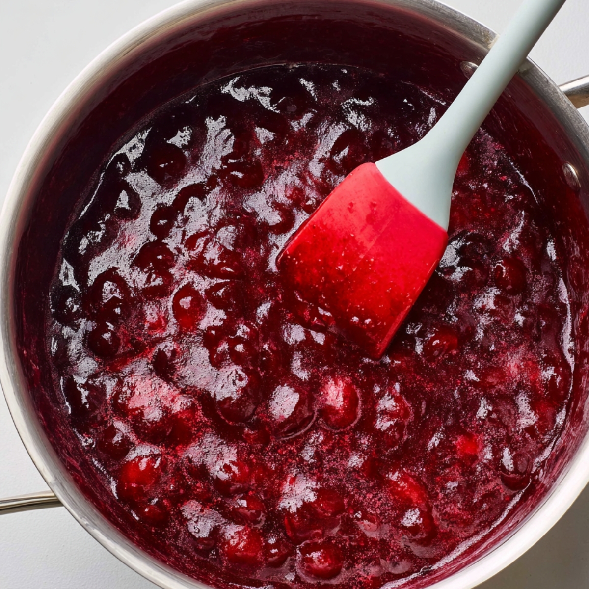 Cranberry mixture simmering in a saucepan while being stirred with a silicone spatula to make homemade cranberry curd.