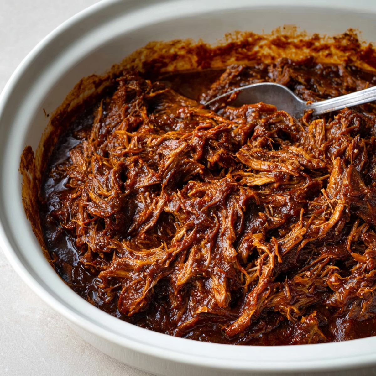 A bowl of shredded pork cooked in a flavorful sauce.