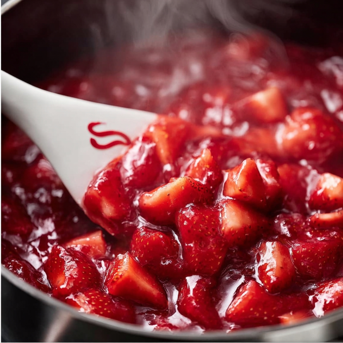 Chunky strawberry compote cooking in a saucepan and being stirred with a spoon