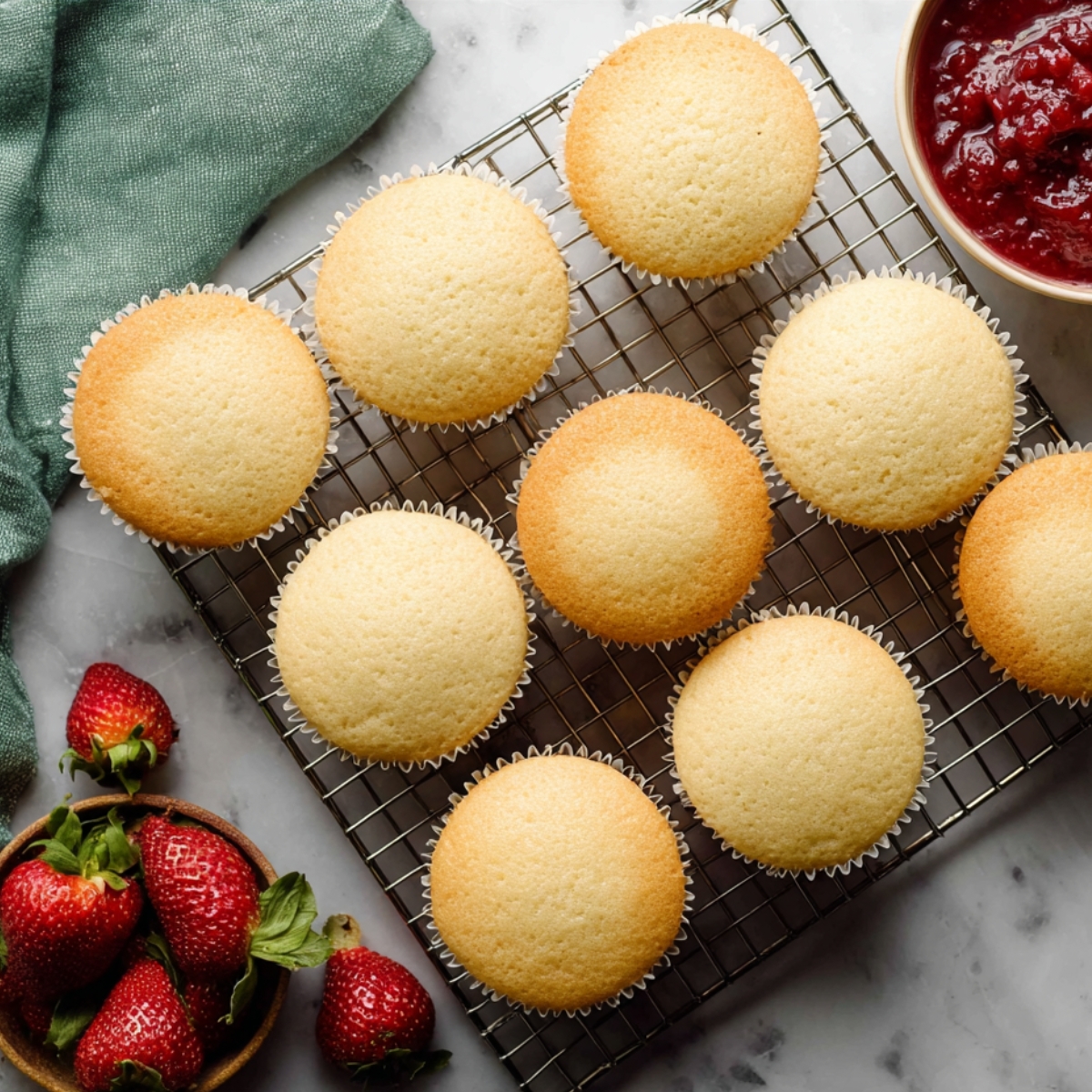 Vanilla cupcakes cooling on a wire rack with fresh strawberries and strawberry filling nearby