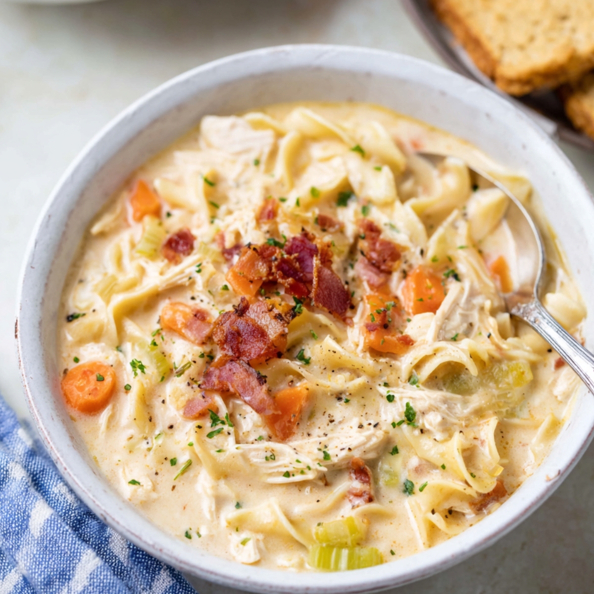 Bowl of creamy Crack Chicken Noodle Soup with noodles, bacon, and vegetables