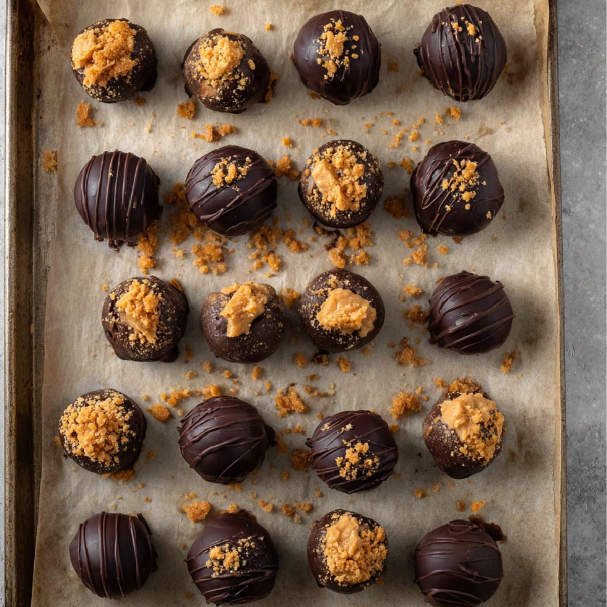 Chocolate-covered peanut butter balls with drizzle and crushed candy on parchment paper.