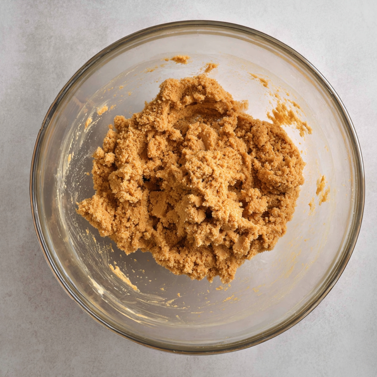 Crumbly peanut butter dough in a glass mixing bowl.