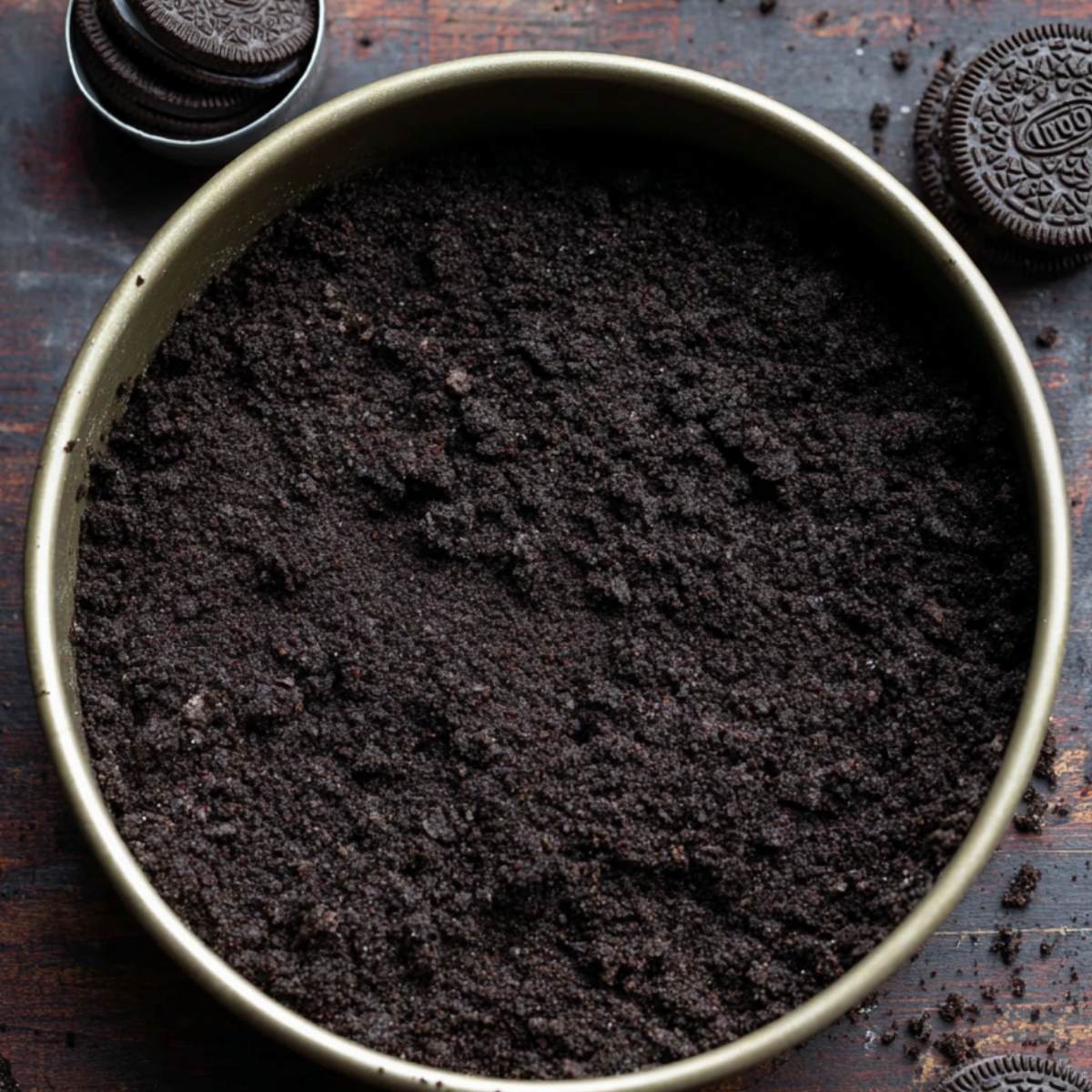 Oreo cookie crust in a pie dish, ready for filling.