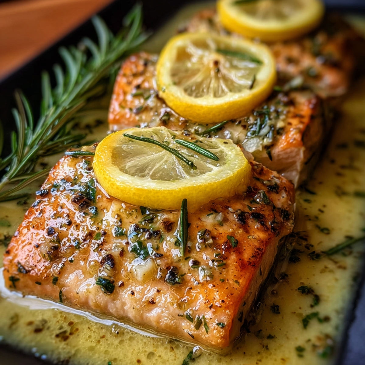Cooked Garlic Butter Salmon fillets with crispy skin, topped with lemon slices and garlic butter.