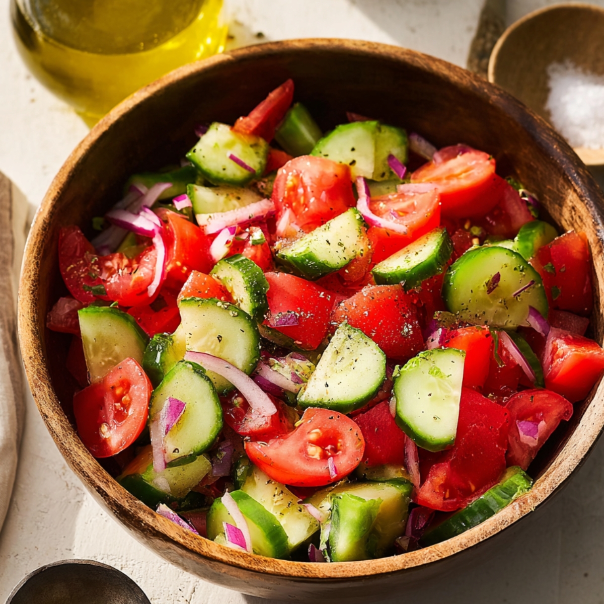 Homemade Cucumber Tomato Salad with red onion, seasoned with black pepper, in a wooden bowl, with a drizzle of olive oil.
