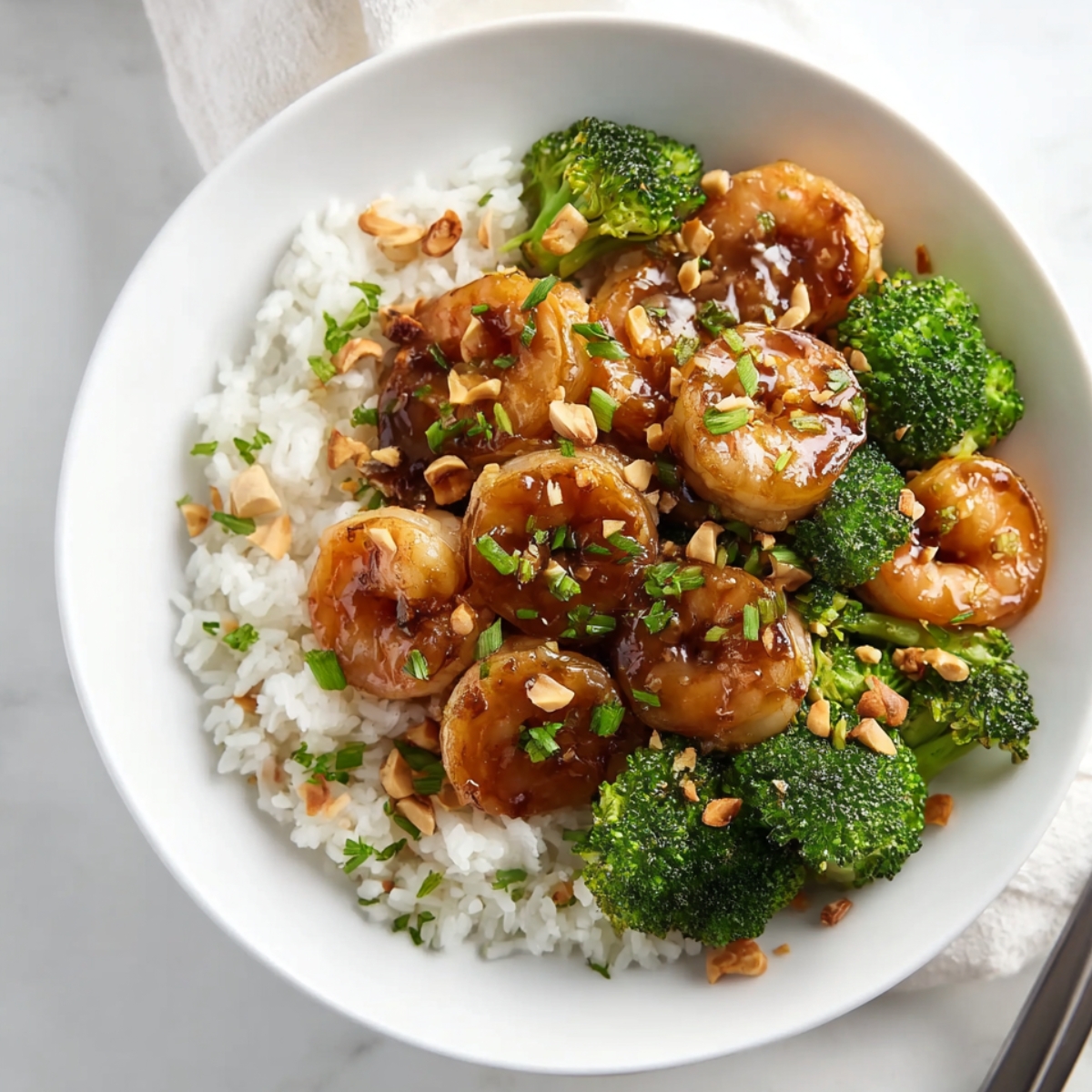 Honey Garlic Shrimp over white rice in a bowl, topped with chopped peanuts and fresh herbs, showing the glossy caramelized sauce.