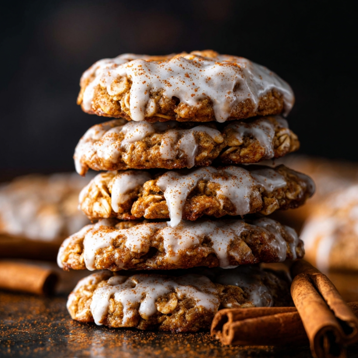 Stack of Iced Gingerbread Oatmeal Cookies drizzled with cinnamon glaze and sprinkled with spice.