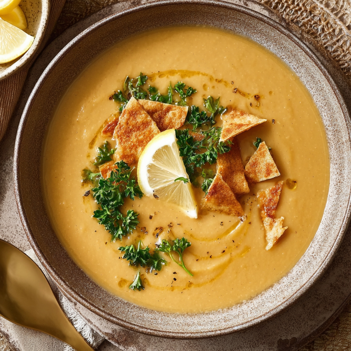A close-up of Lebanese Red Lentil Soup served in a bowl, topped with crispy pita chips, fresh parsley, and a slice of lemon, garnished with olive oil drizzle.