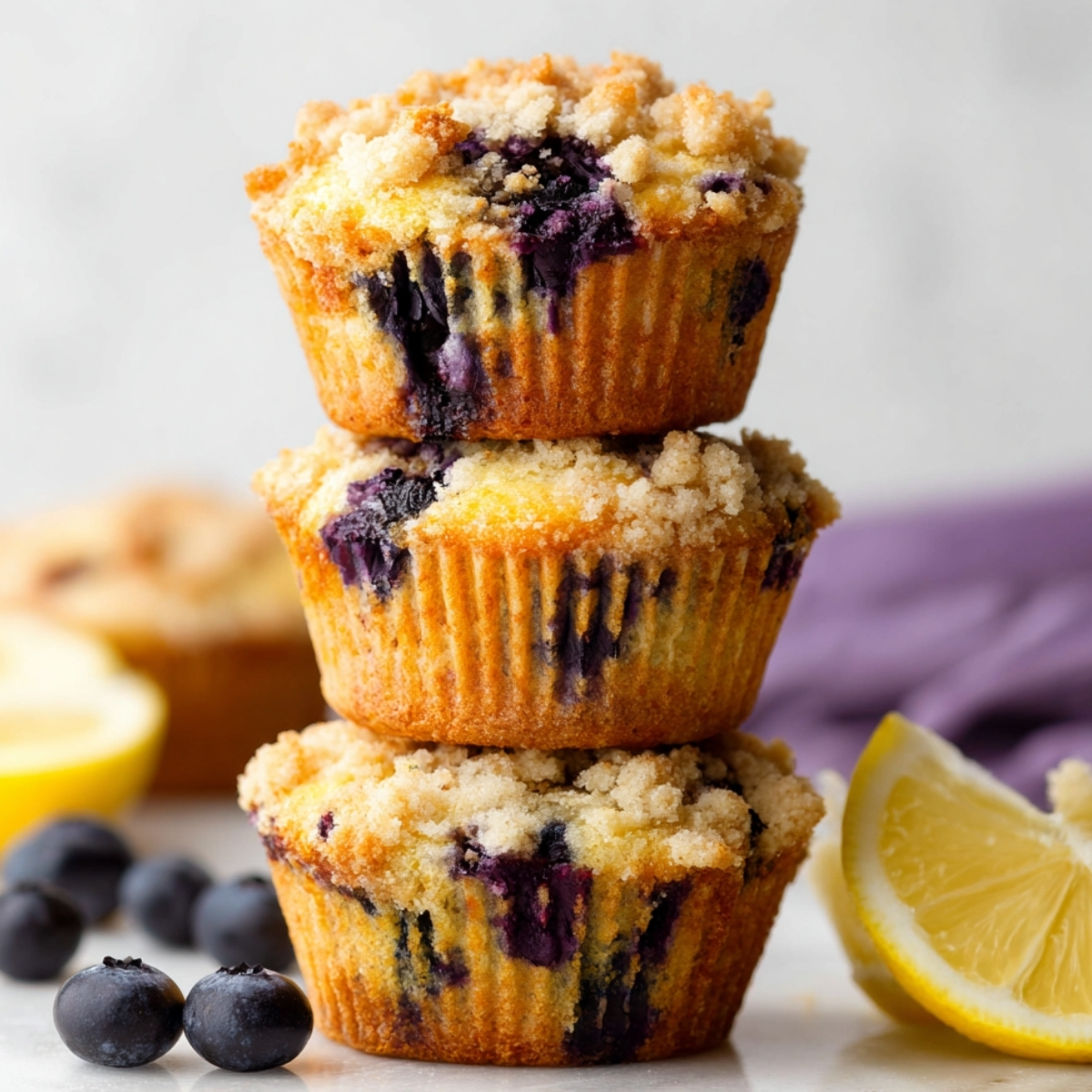 Stack of Lemon Blueberry Muffins Recipe with crumb topping, fresh blueberries and lemon on the side