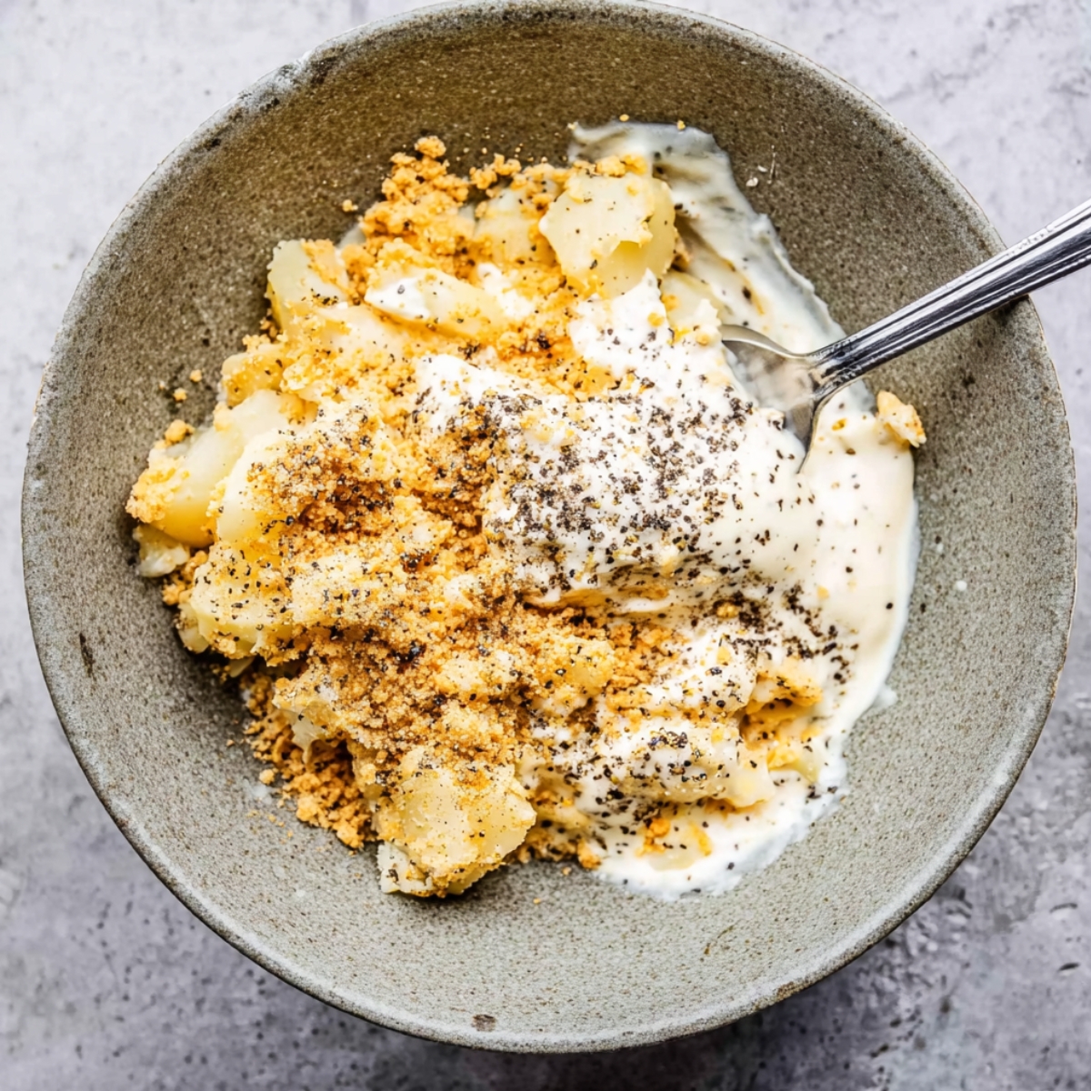 A bowl of mashed potato salad dressing, with a mixture of mayonnaise, mustard, and seasoning ready to be combined with diced potatoes.