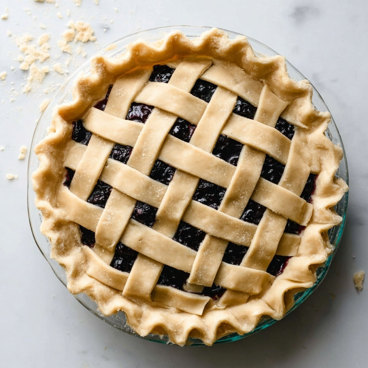 Unbaked blueberry pie with a woven lattice crust in a glass pie dish on a marble surface