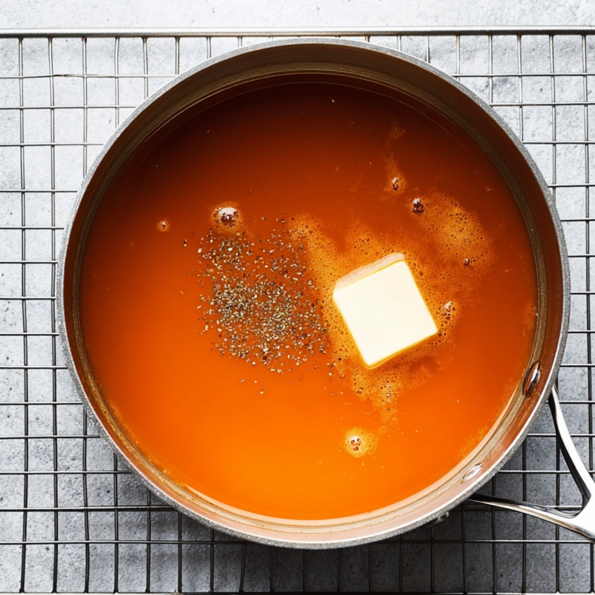 Top-down view of a saucepan filled with bright orange buffalo sauce with a pat of butter melting and spices sprinkled on top, sitting on a wire rack on a light countertop.