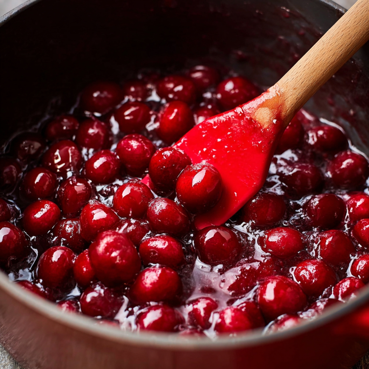 A close-up of vibrant red cherries simmering in a pot with syrup, being stirred with a red spatula to create a luscious cherry pie filling.