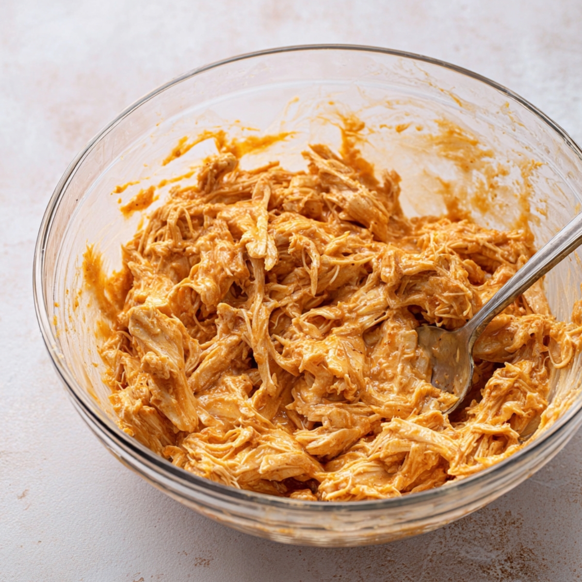 A glass bowl filled with shredded buffalo chicken mixed with a creamy sauce.