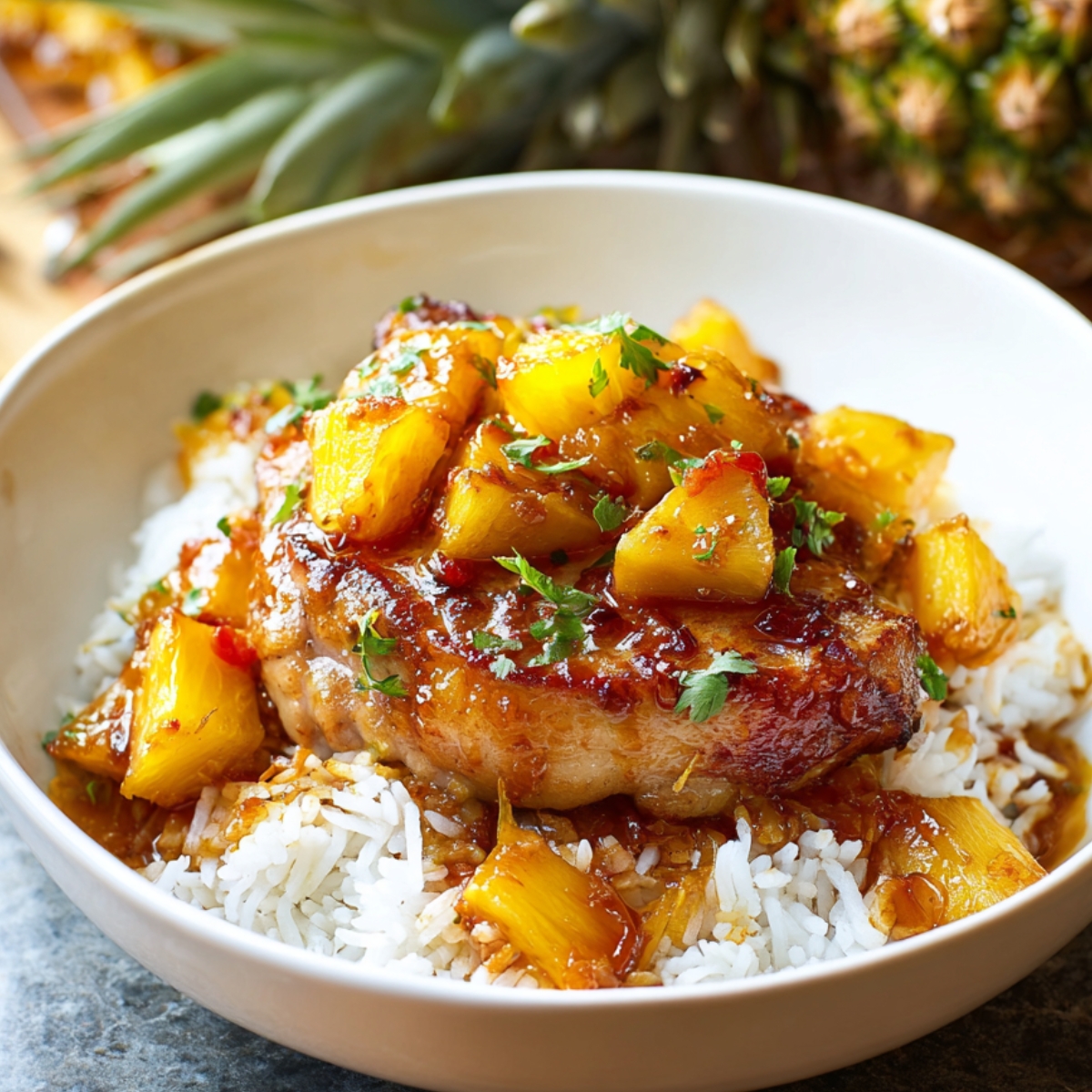 Pineapple Pork Chops served over white rice and topped with caramelized pineapple chunks and glossy sauce