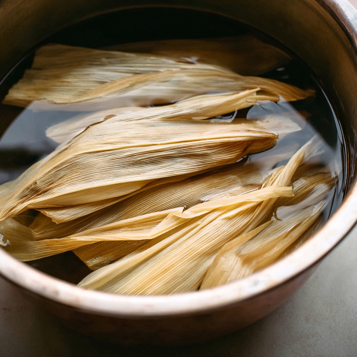 Corn husks soaking in water before assembling tamales.