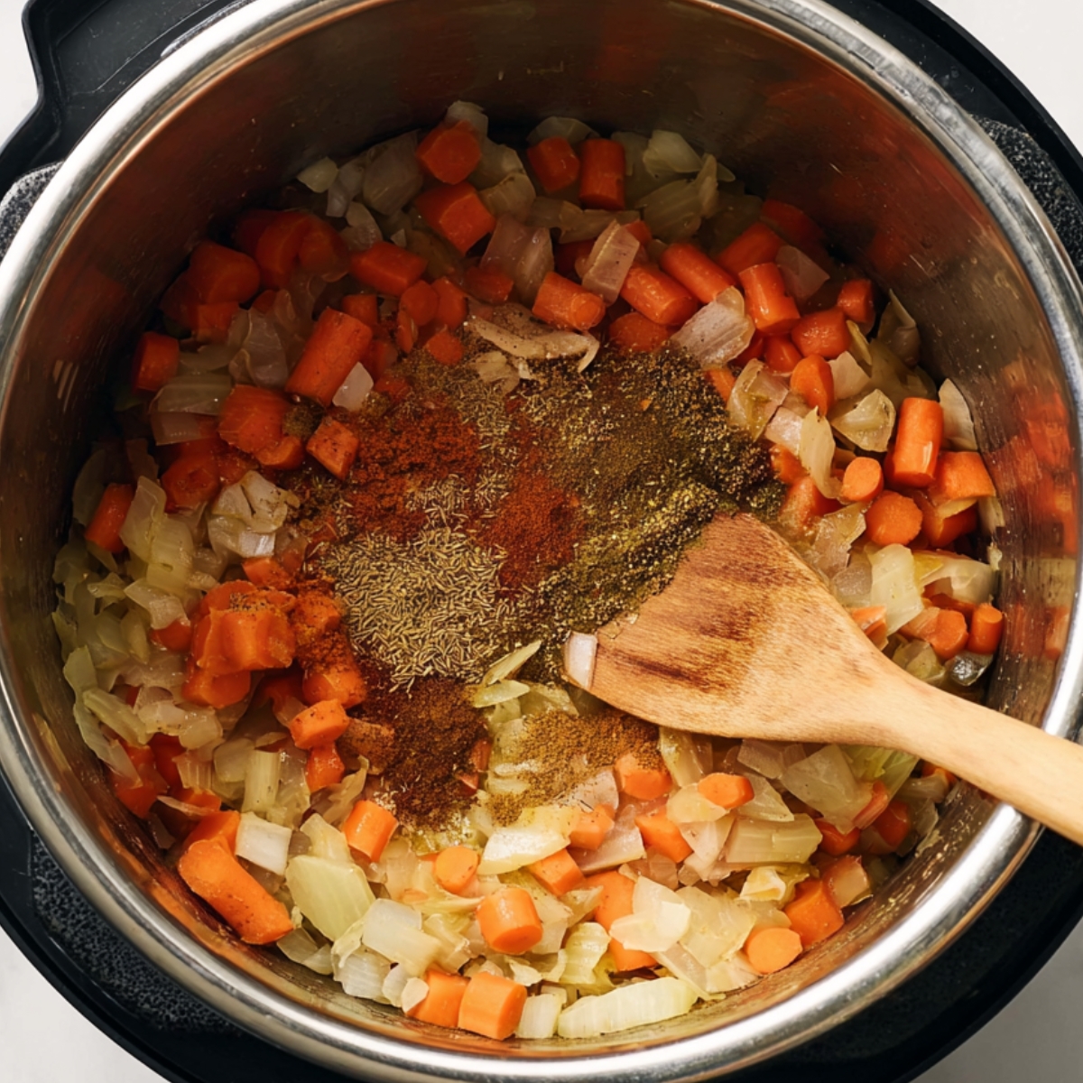 A close-up of sautéed onions and carrots in a pressure cooker with various spices sprinkled on top, ready to be mixed into a flavorful soup.