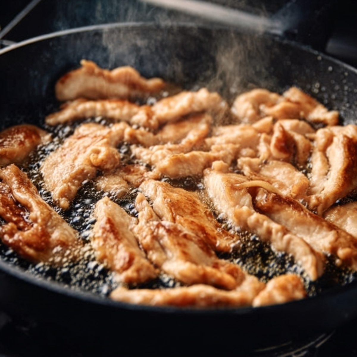 Chicken strips frying in a black pan with oil, sizzling golden brown during stir fry cooking