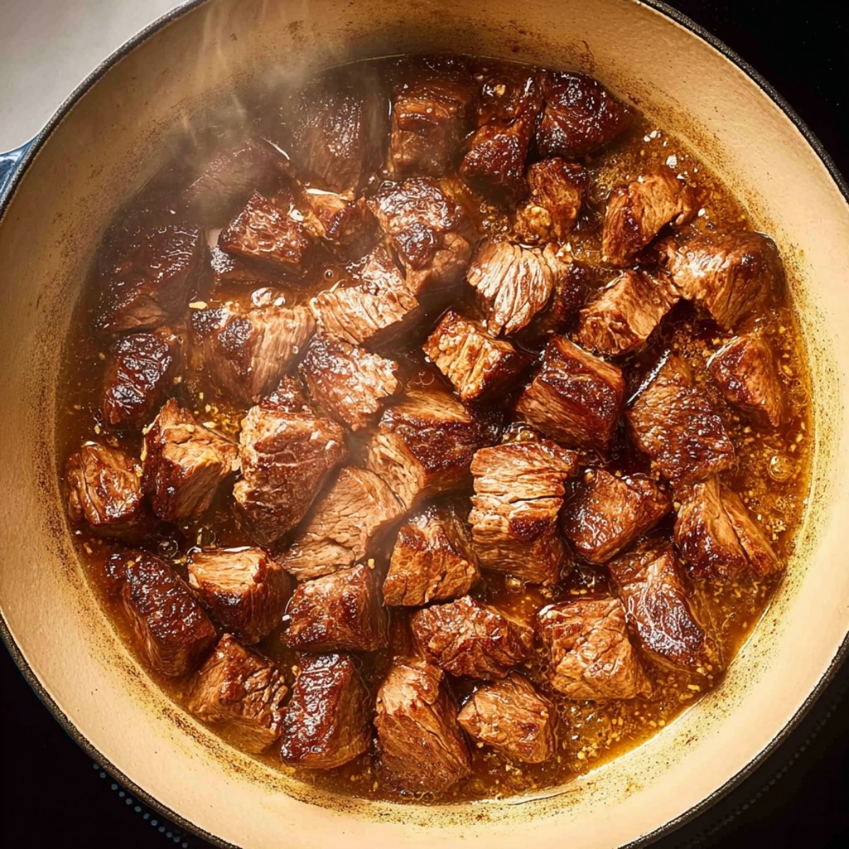 Seared beef cubes browning in a pot with pan juices and garlic