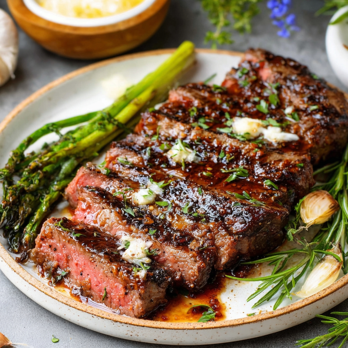 Juicy grilled Steak Marinade served with roasted asparagus, garlic, and fresh herbs, topped with melted butter for extra flavor.