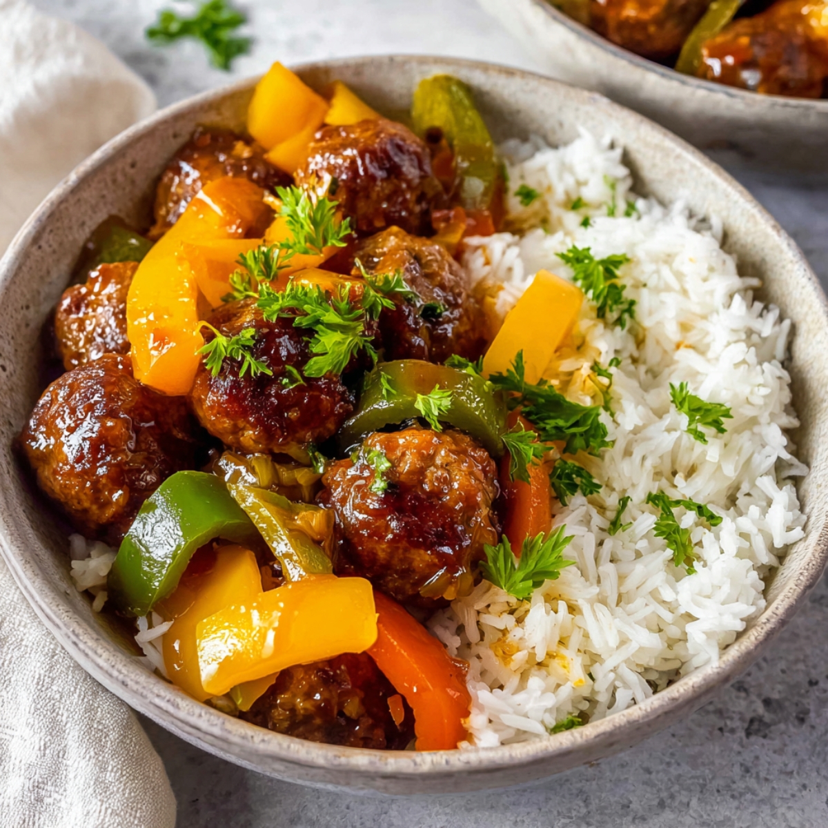 Sweet and sour meatballs served with colorful peppers, garnished with fresh parsley on a bed of rice.