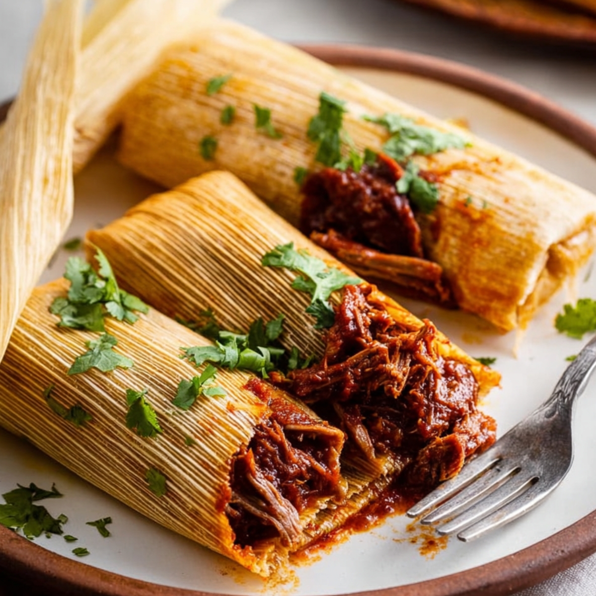 Finished Tamales Recipe served with a delicious filling and a sprinkle of cilantro.