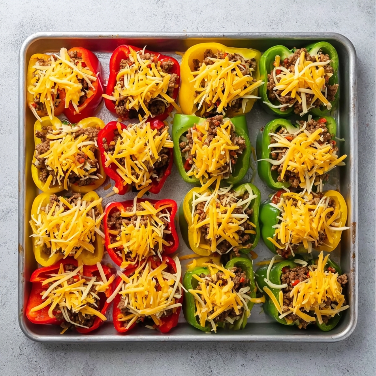 Close-up of a baking sheet filled with colorful bell pepper halves stuffed with seasoned ground beef, black beans, and cheese, ready to be baked.